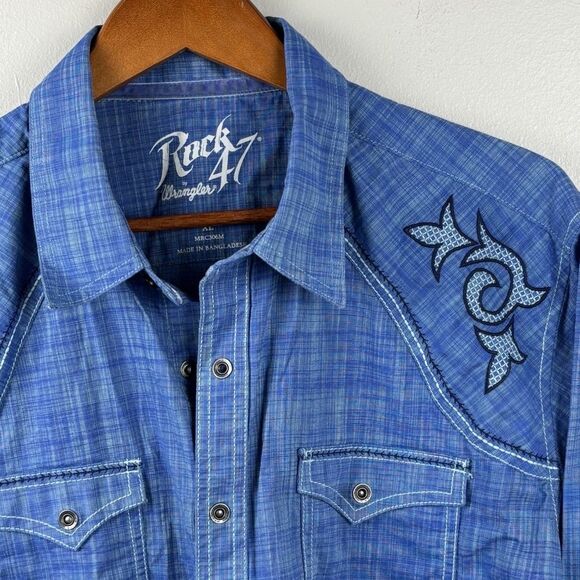 ROCK 47 WRANGLER Western SNAP Front Cotton (XL) Blue Shirt Pocket embroidered - Picture 3 of 14